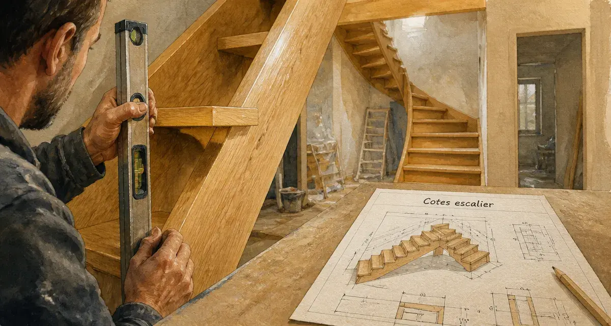 Escaliers sur mesure en bois : artisan pose un escalier quart tournant