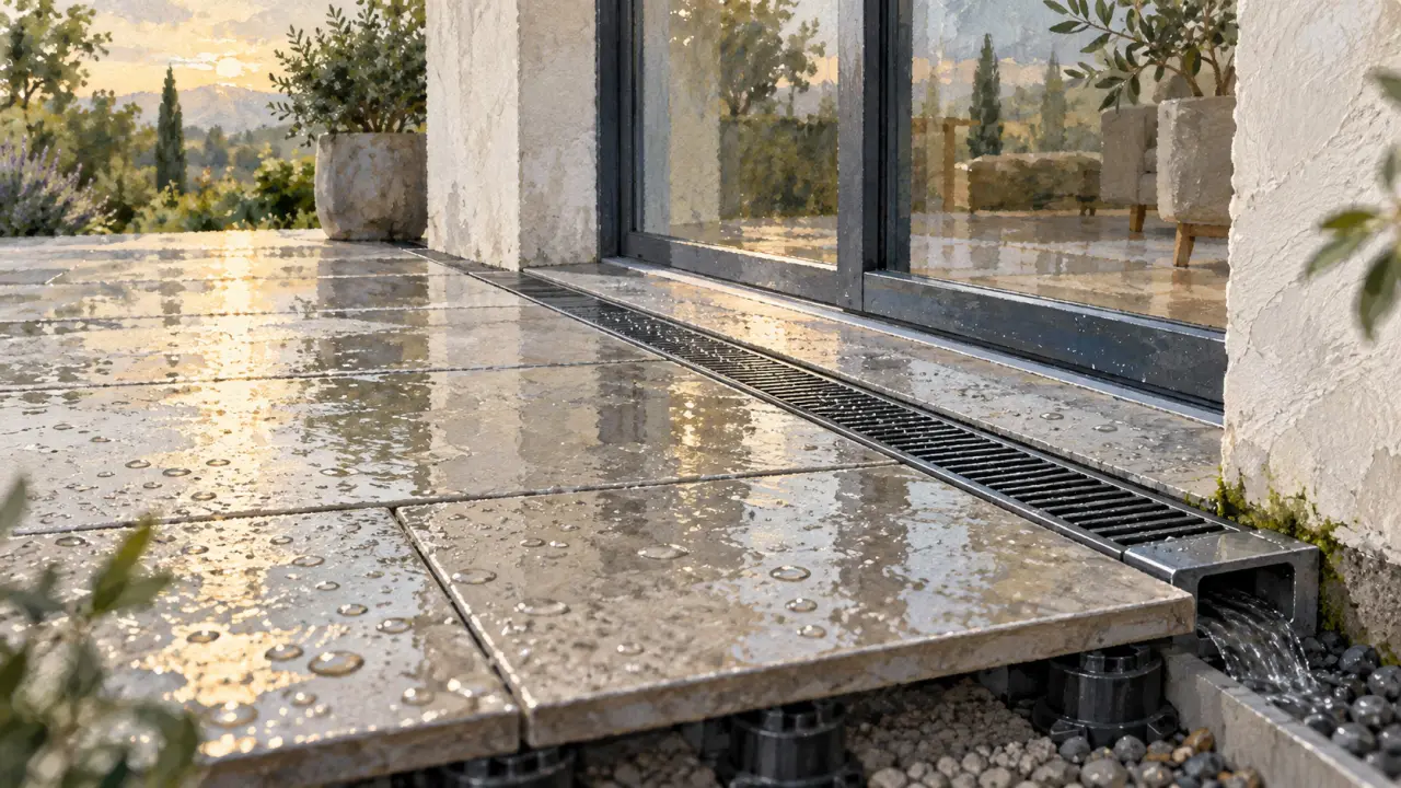 Évacuation eau de pluie terrasse : caniveau au bas d’une pente carrelée, anti-flaques