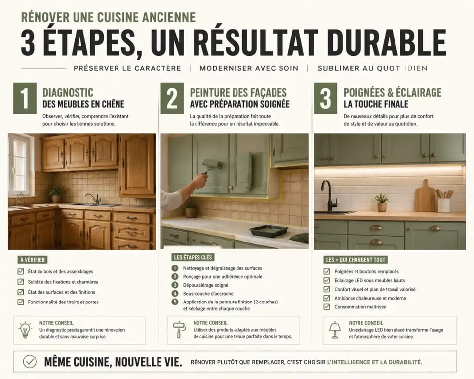Comment réussir la rénovation de son ancienne cuisine rustique : avant/après d’une cuisine en chêne transformée par la peinture, des poignées sobres et une lumière plus claire