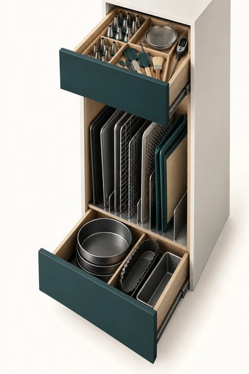 Rangement vertical et tiroirs pour aménager un coin pâtisserie fonctionnel dans votre cuisine