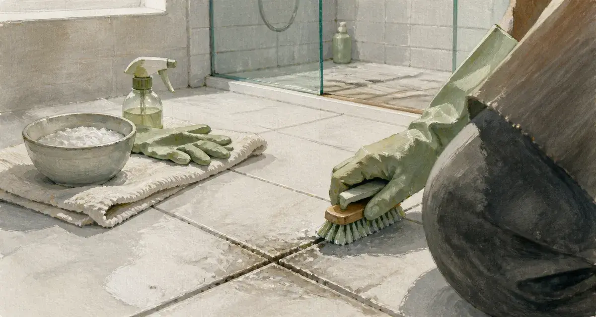 Nettoyage de joint de carrelage naturel : brosse frottant les joints dans une salle de bain