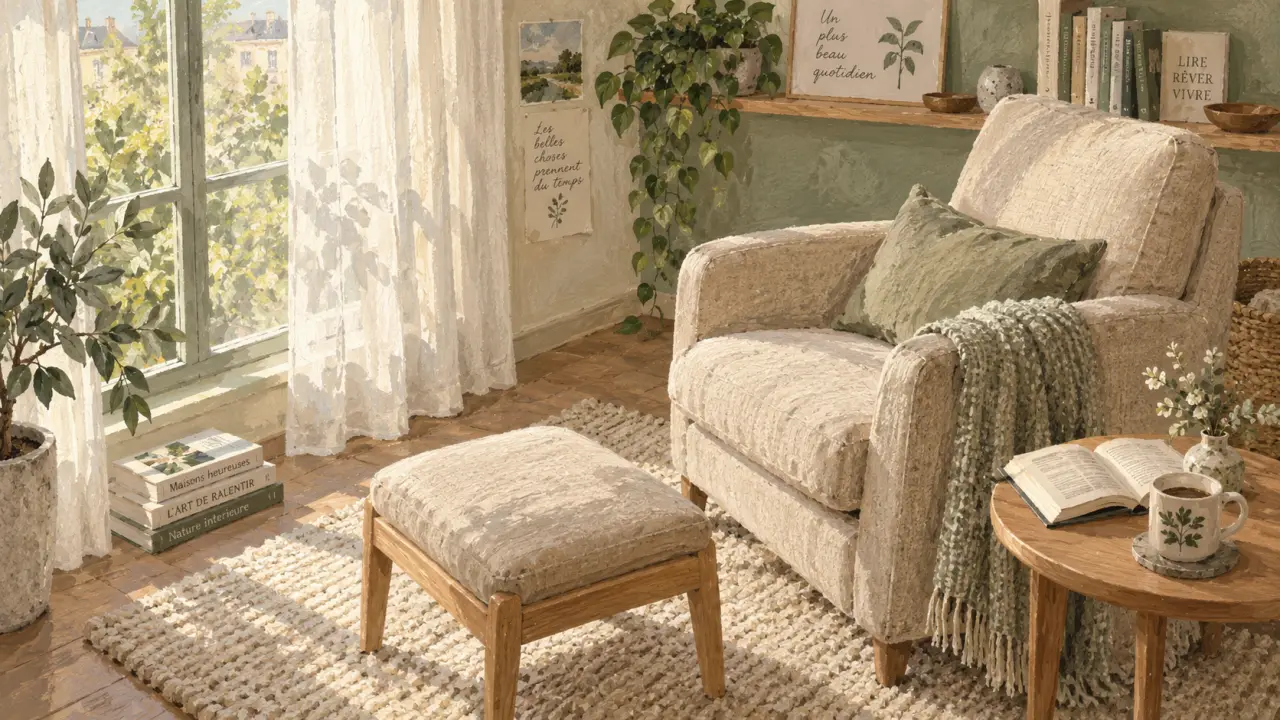 Coin lecture zen lumineux, fauteuil beige, livres et tasse