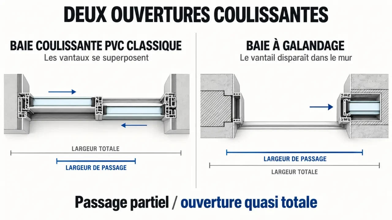Schéma du fonctionnement d’une baie vitrée coulissante PVC classique et à galandage