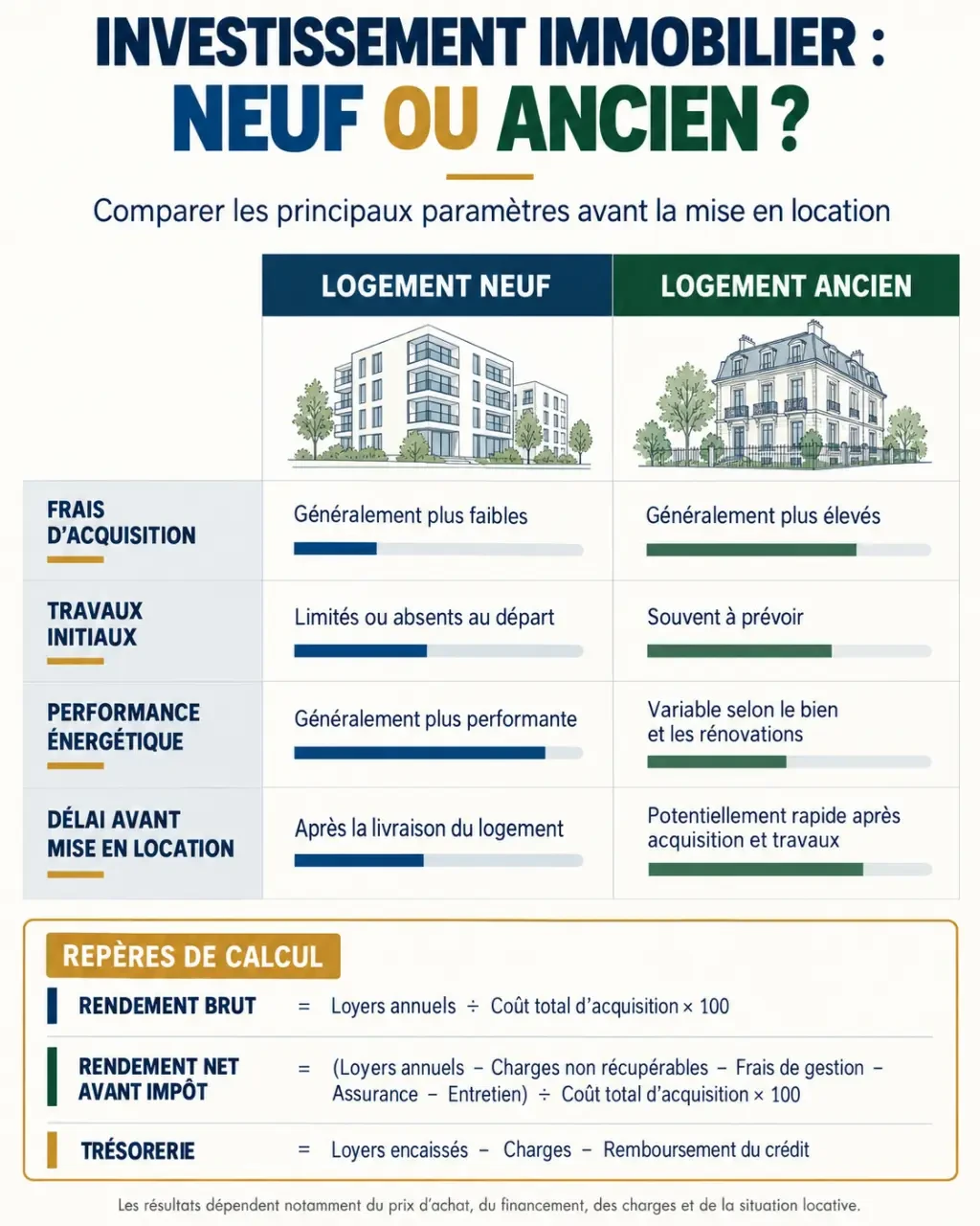 Infographie sur l’investissement immobilier neuf comparant le neuf et l’ancien et les indicateurs de rentabilité