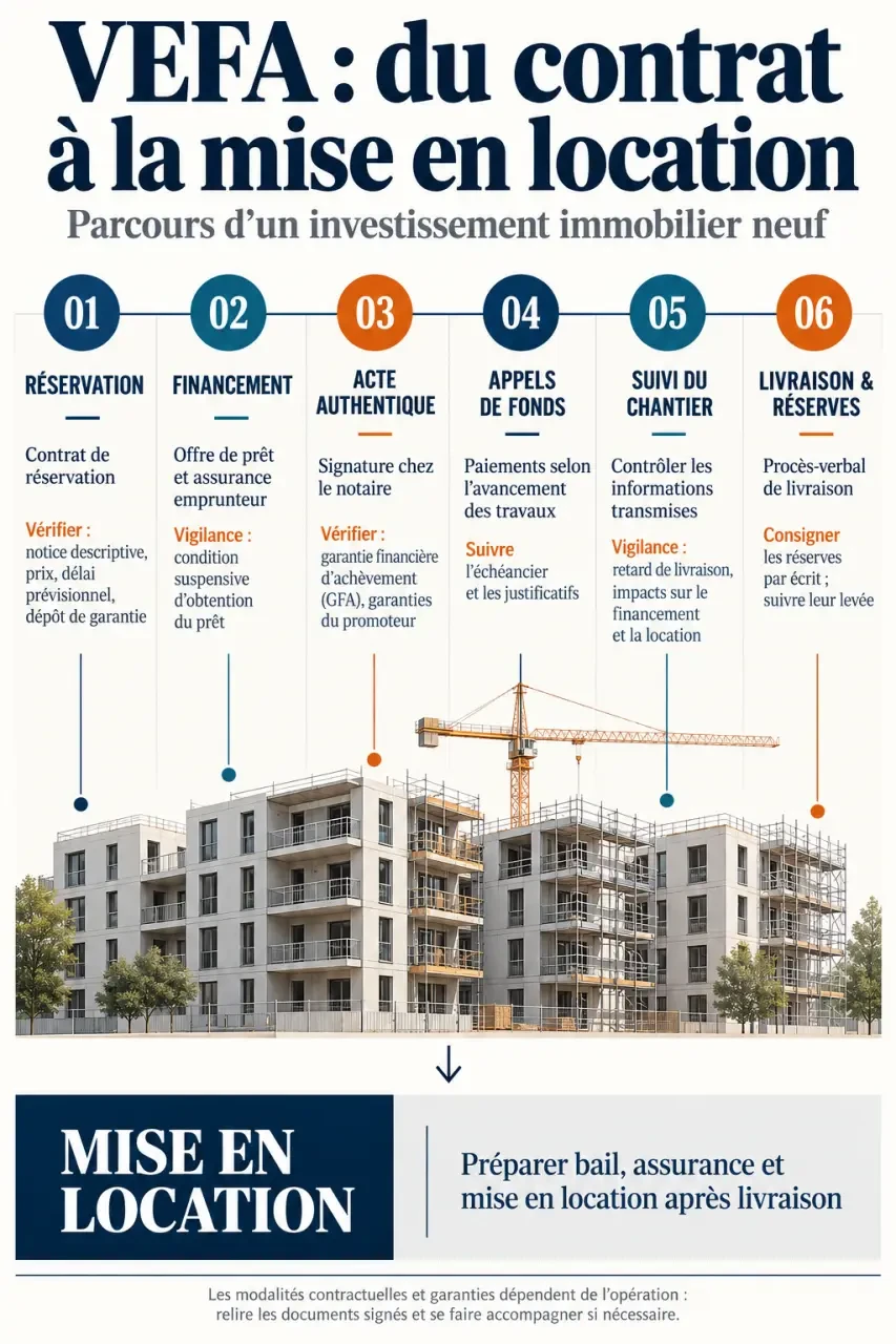 Frise des étapes d’un investissement immobilier neuf en VEFA, de la réservation à la livraison