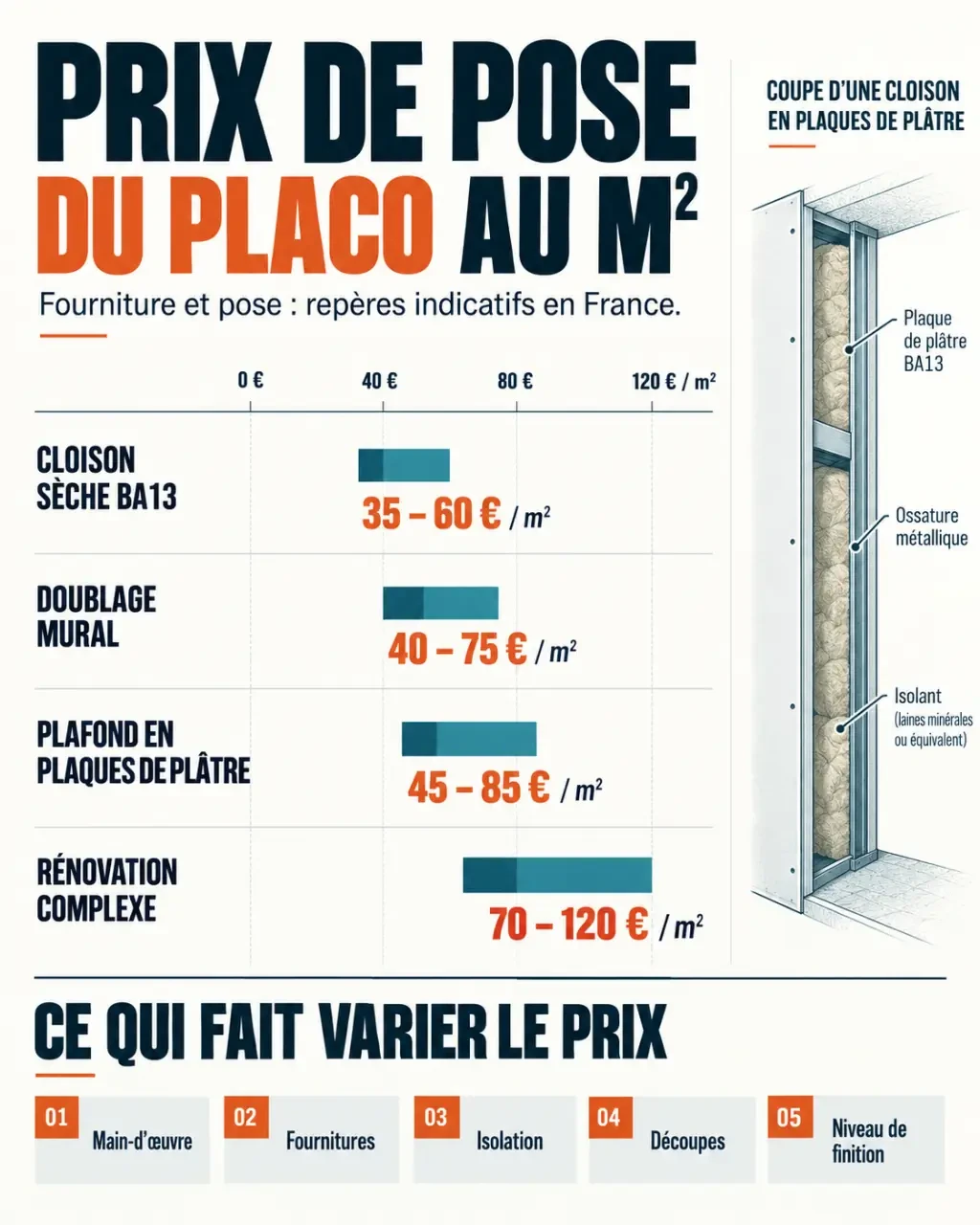 Infographie sur le prix de pose du placo au m² selon le type de travaux et les finitions