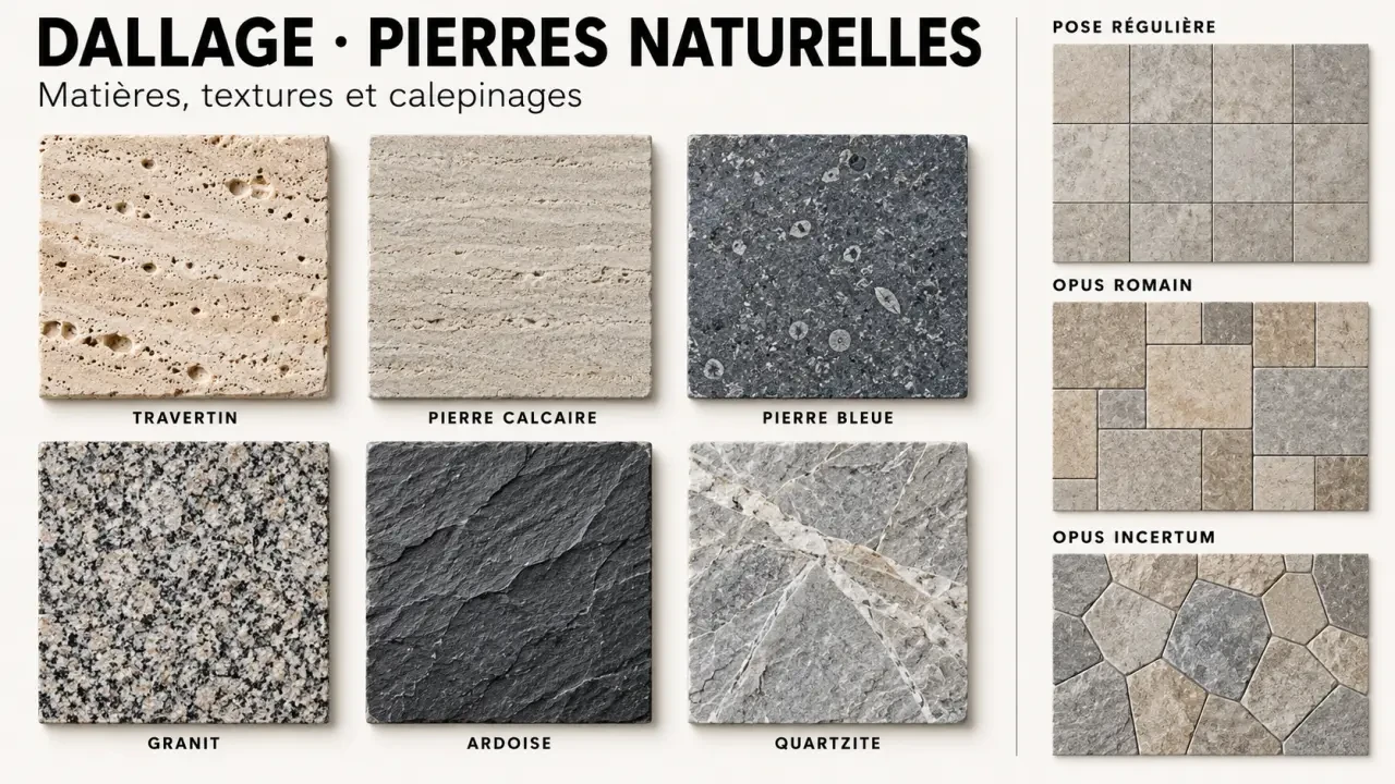 Dallage pierre naturelle présentant plusieurs pierres, finitions et exemples de calepinage