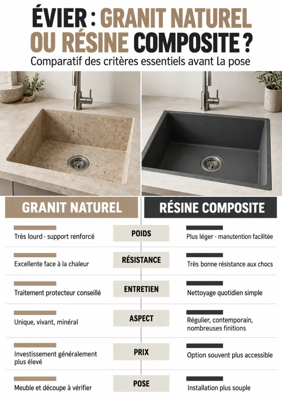 Infographie comparative pour choisir un évier granit ou résine selon la résistance, l’entretien, le poids et la pose
