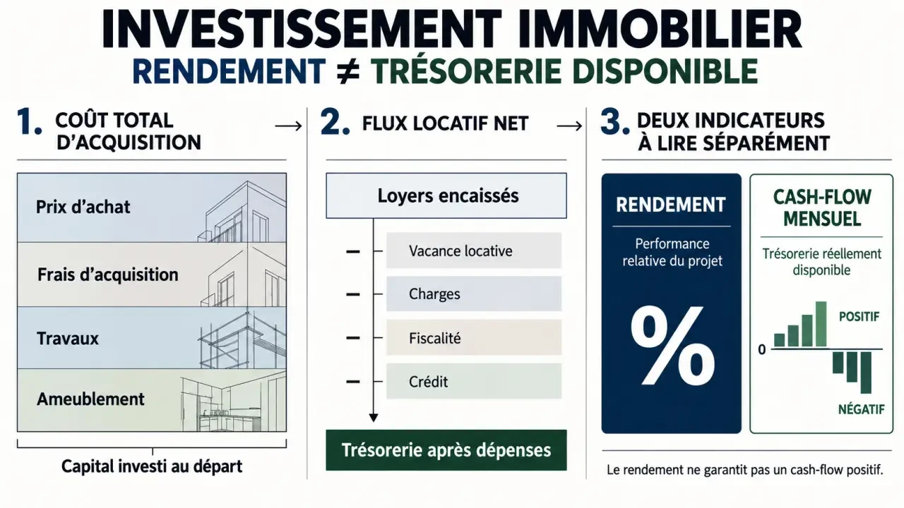 Infographie de conseils en investissement immobilier sur le rendement, les charges et le cash-flow locatif