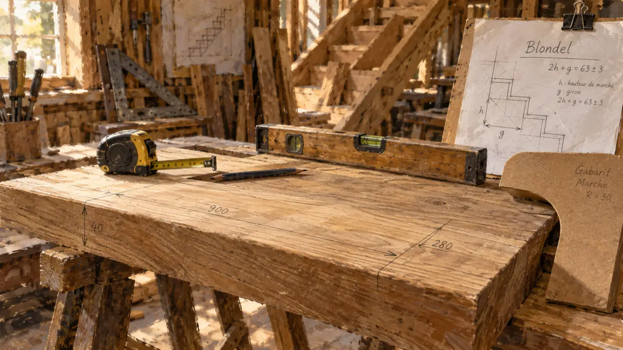 Fabrication marche en bois : marche avec 3 cotes, gabarit et outils