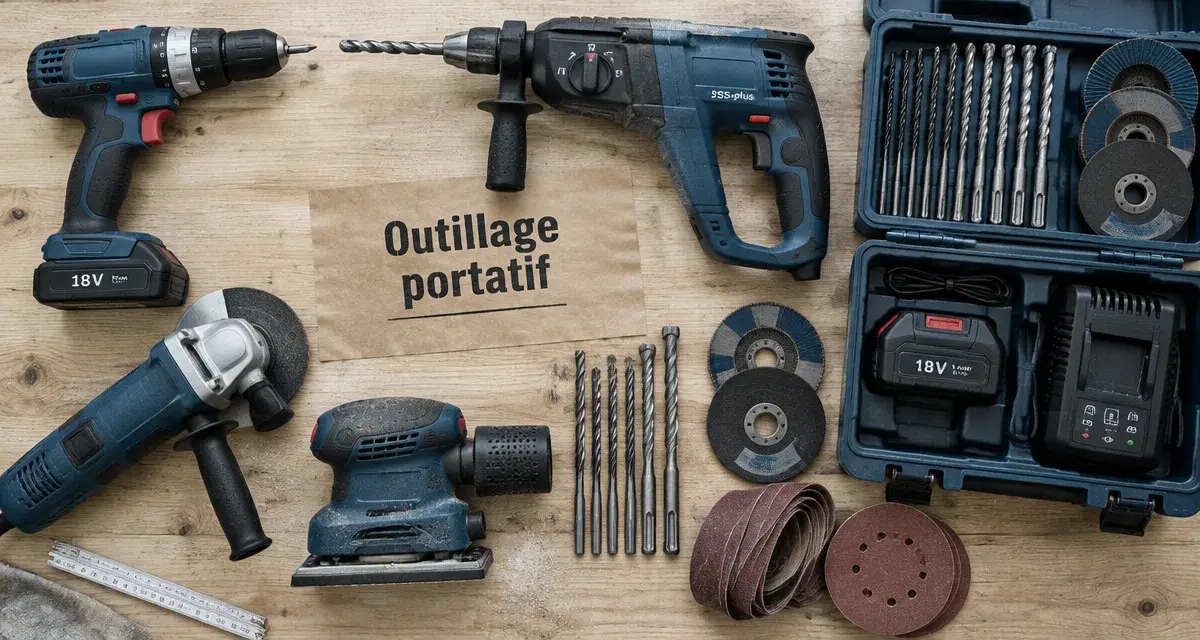 Outillage portatif : perceuse, perforateur, meuleuse et ponceuse sur établi