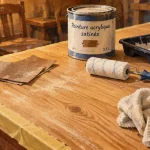 Peindre une table bois : plateau poncé et masquage au ruban, peinture satinée