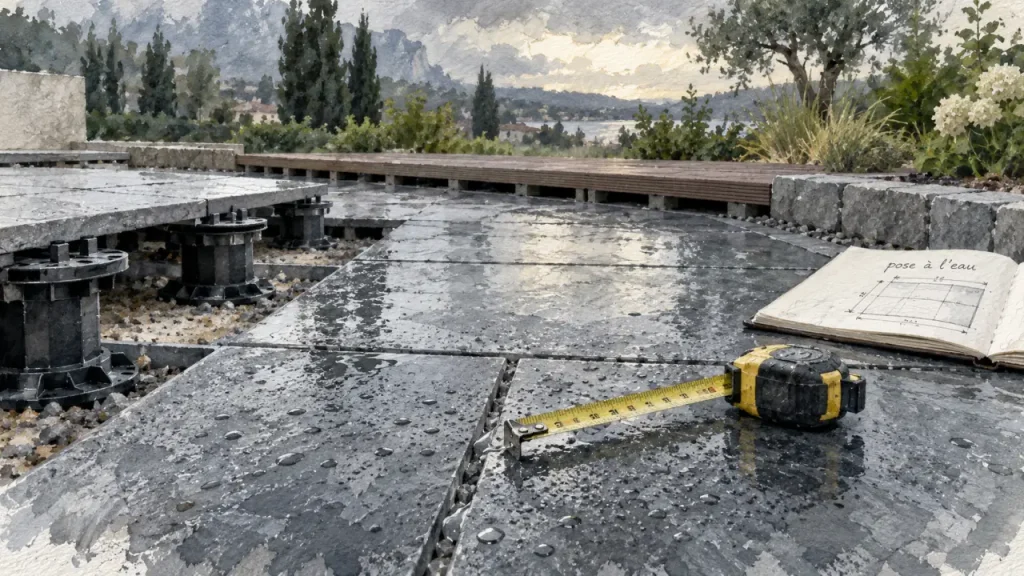 Sol pour terrasse extérieure : dalles grès cérame sur plots, pluie récente
