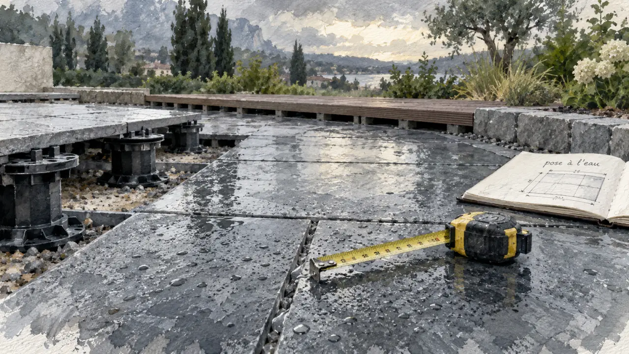 Sol pour terrasse extérieure : dalles grès cérame sur plots, pluie récente